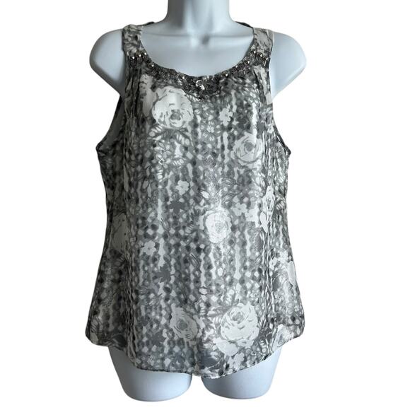 ECI Women Top 4 Metallic Silver Floral Rhinestone Neck Babydoll Disco‎ Glam Boho - Picture 1 of 11